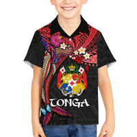 Tonga Emancipation Day Family Matching Summer Maxi Dress and Hawaiian Shirt Ngatu Humpback Whale Polynesian Flower LT03 Son's Shirt Black - Polynesian Pride