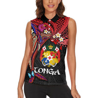 Tonga Emancipation Day Women Sleeveless Polo Shirt Ngatu Humpback Whale Polynesian Flower