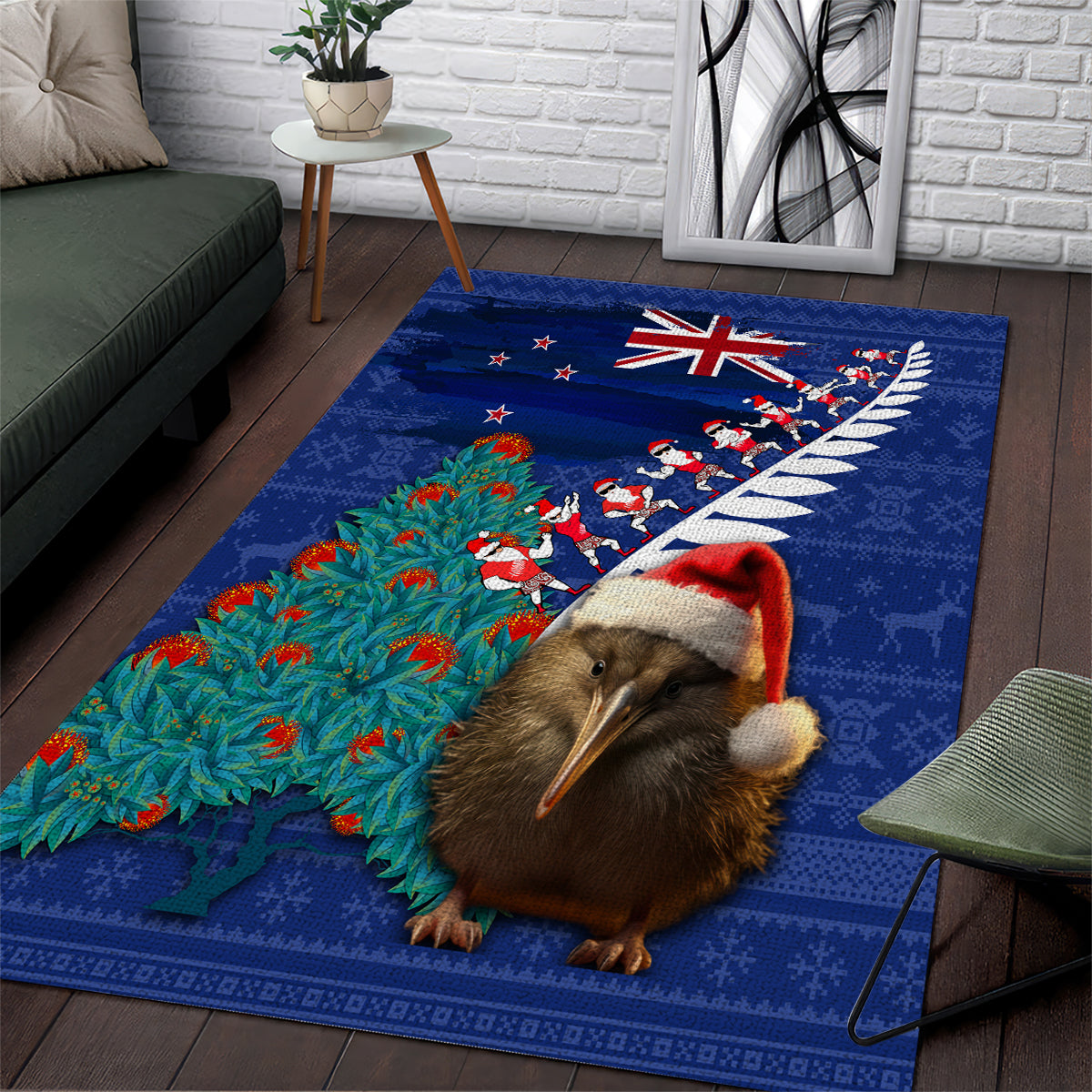 New Zealand Christmas Area Rug Kiwi Bird Santa and Silver Fern Funny Haka Dance LT03 Blue - Polynesian Pride