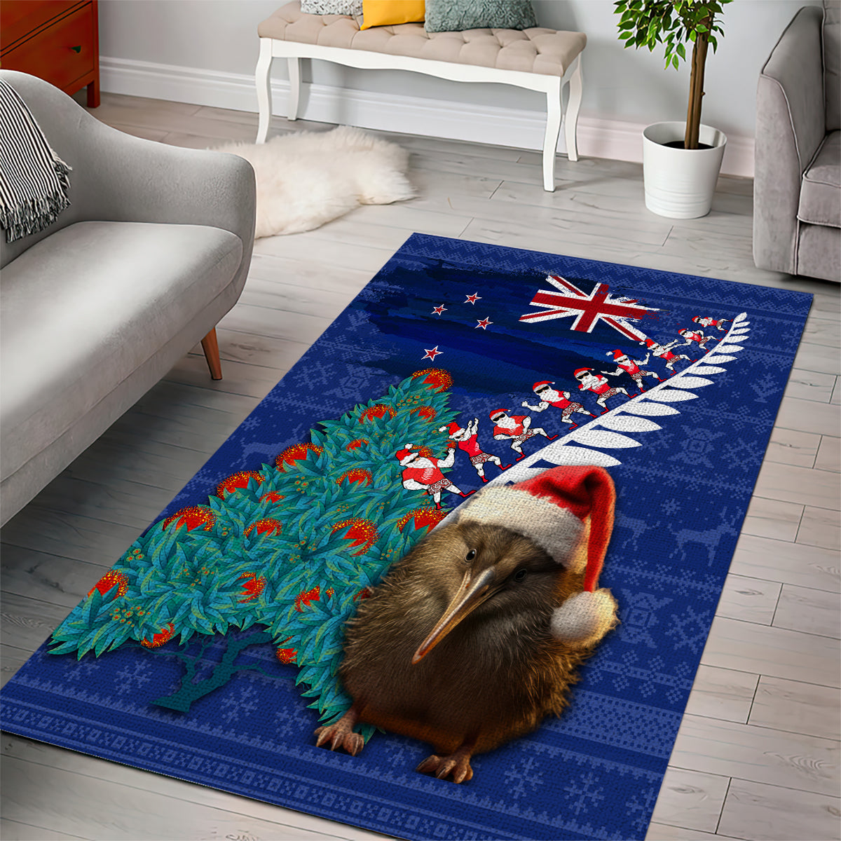 New Zealand Christmas Area Rug Kiwi Bird Santa and Silver Fern Funny Haka Dance LT03 - Polynesian Pride