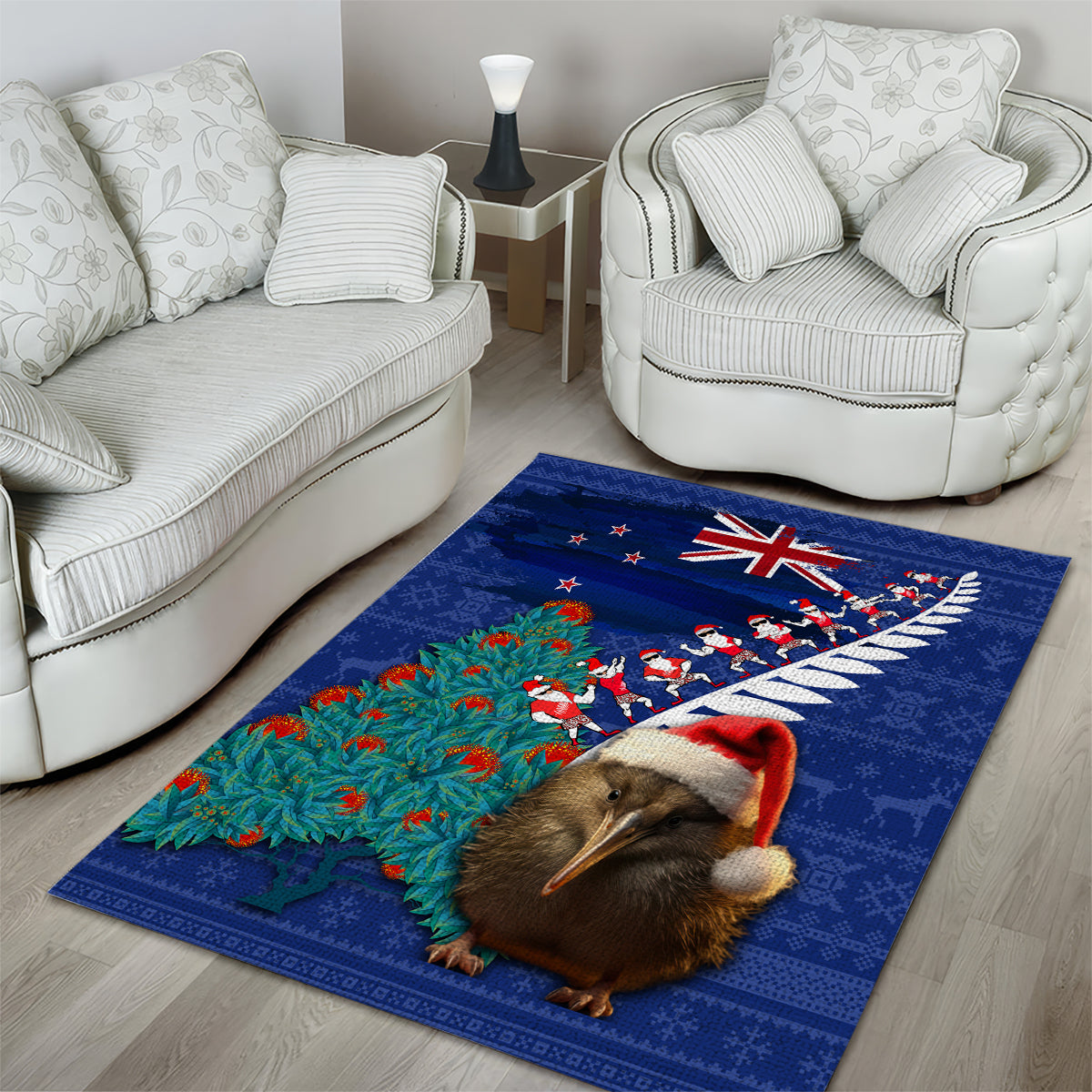 New Zealand Christmas Area Rug Kiwi Bird Santa and Silver Fern Funny Haka Dance LT03 - Polynesian Pride