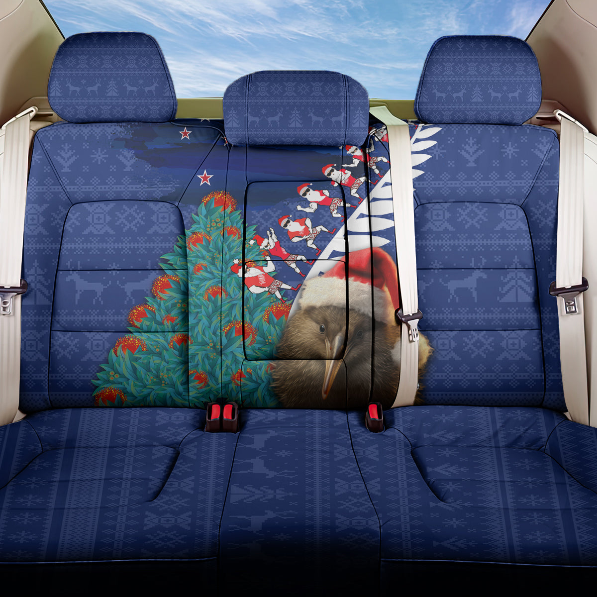 New Zealand Christmas Back Car Seat Cover Kiwi Bird Santa and Silver Fern Funny Haka Dance LT03 One Size Blue - Polynesian Pride