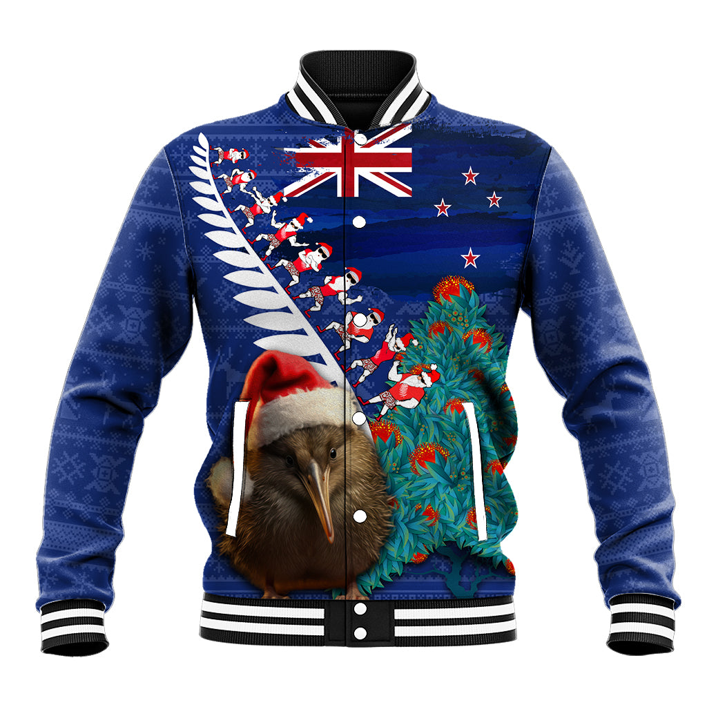 New Zealand Christmas Baseball Jacket Kiwi Bird Santa and Silver Fern Funny Haka Dance LT03 Unisex Blue - Polynesian Pride