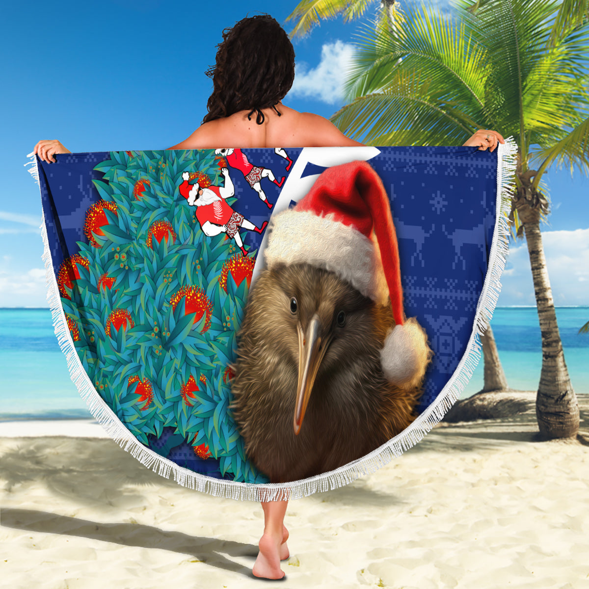 New Zealand Christmas Beach Blanket Kiwi Bird Santa and Silver Fern Funny Haka Dance LT03 - Polynesian Pride