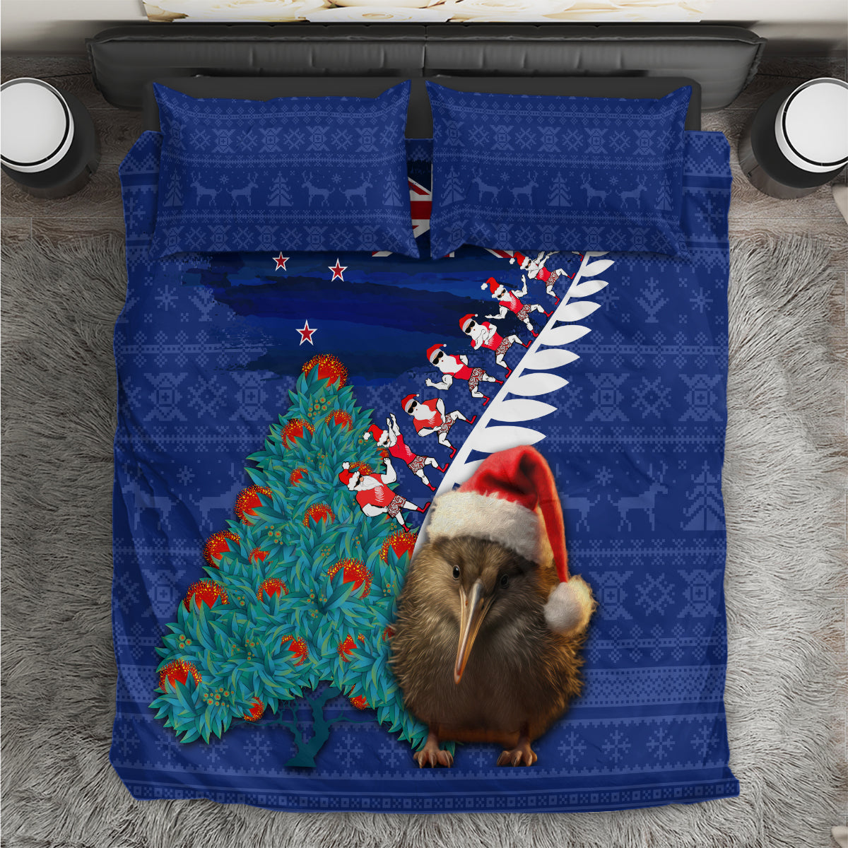 New Zealand Christmas Bedding Set Kiwi Bird Santa and Silver Fern Funny Haka Dance LT03 Blue - Polynesian Pride