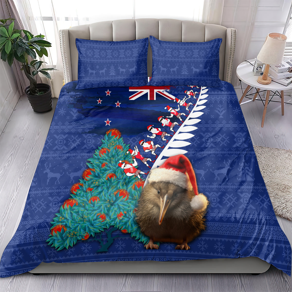 New Zealand Christmas Bedding Set Kiwi Bird Santa and Silver Fern Funny Haka Dance LT03 - Polynesian Pride