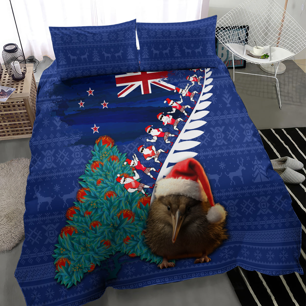 New Zealand Christmas Bedding Set Kiwi Bird Santa and Silver Fern Funny Haka Dance LT03 - Polynesian Pride