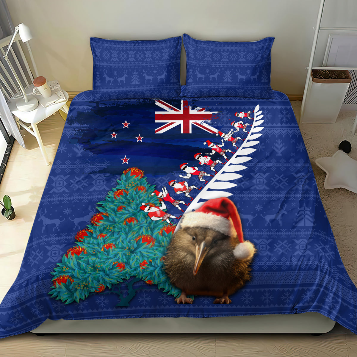 New Zealand Christmas Bedding Set Kiwi Bird Santa and Silver Fern Funny Haka Dance LT03 - Polynesian Pride