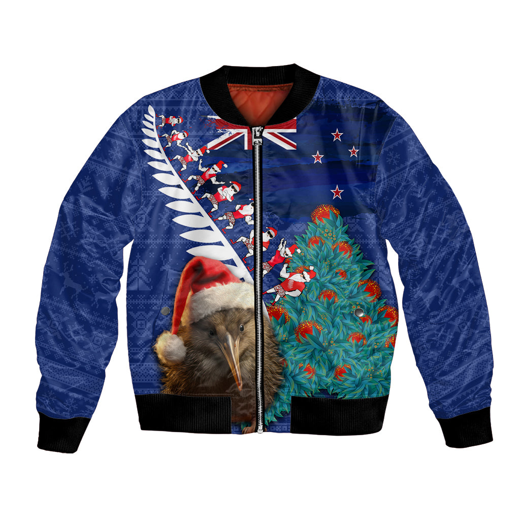 New Zealand Christmas Bomber Jacket Kiwi Bird Santa and Silver Fern Funny Haka Dance LT03 Unisex Blue - Polynesian Pride