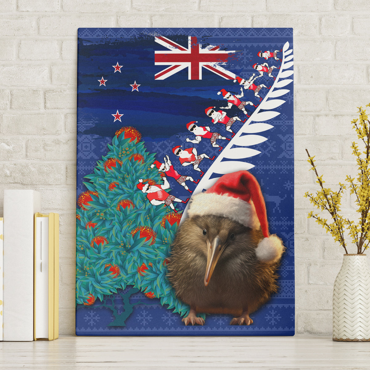 New Zealand Christmas Canvas Wall Art Kiwi Bird Santa and Silver Fern Funny Haka Dance LT03 Without Frame Blue - Polynesian Pride