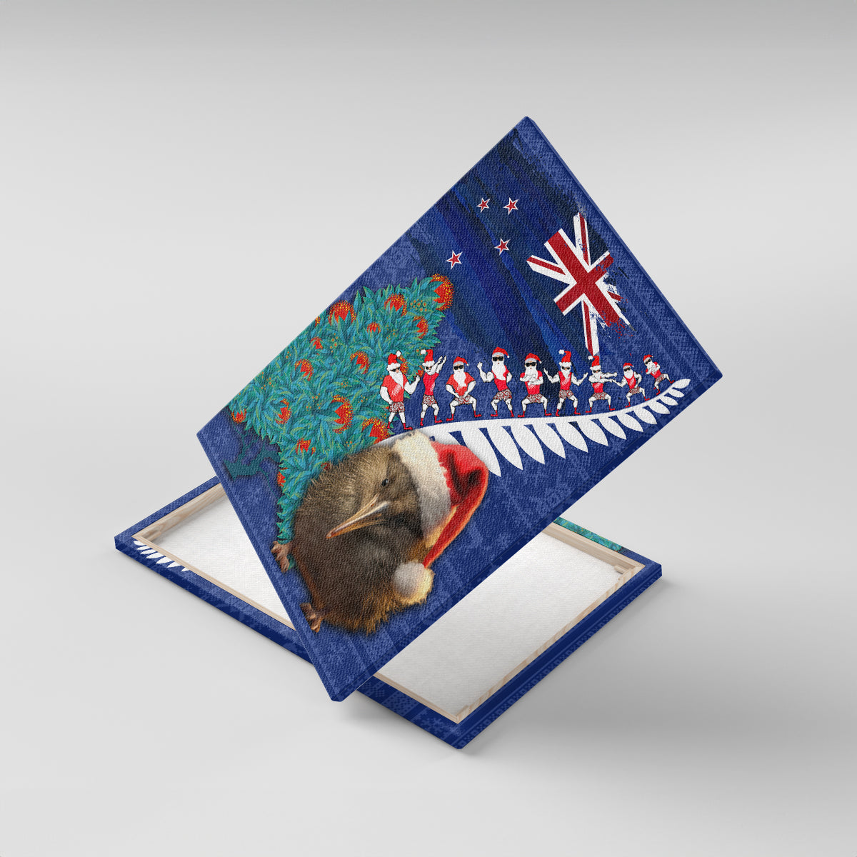 New Zealand Christmas Canvas Wall Art Kiwi Bird Santa and Silver Fern Funny Haka Dance LT03 With Frame Blue - Polynesian Pride