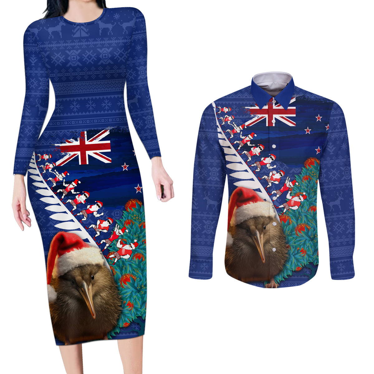 New Zealand Christmas Couples Matching Long Sleeve Bodycon Dress and Long Sleeve Button Shirt Kiwi Bird Santa and Silver Fern Funny Haka Dance LT03 Blue - Polynesian Pride