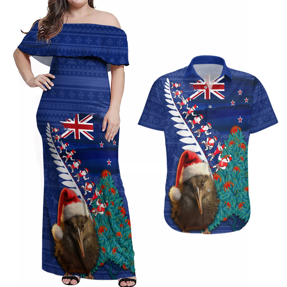 New Zealand Christmas Couples Matching Off Shoulder Maxi Dress and Hawaiian Shirt Kiwi Bird Santa and Silver Fern Funny Haka Dance LT03 Blue - Polynesian Pride