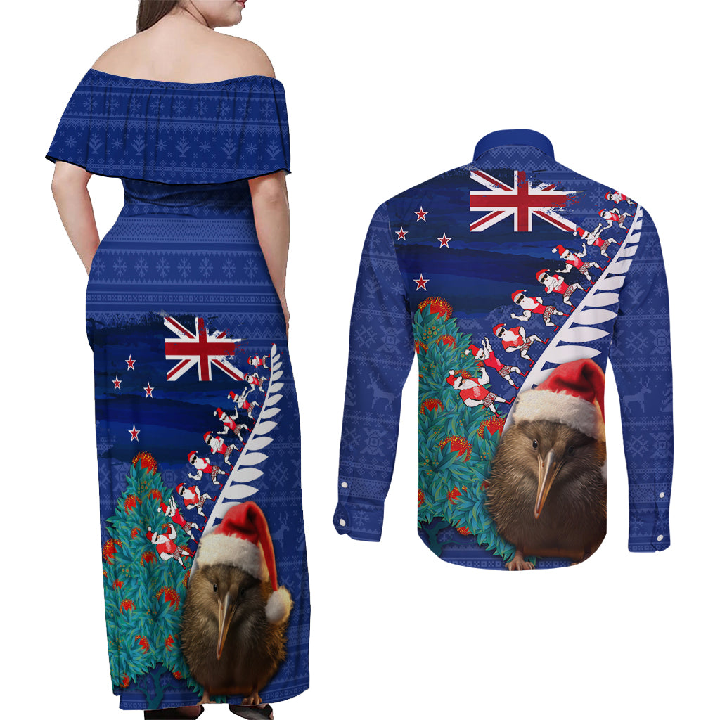 New Zealand Christmas Couples Matching Off Shoulder Maxi Dress and Long Sleeve Button Shirt Kiwi Bird Santa and Silver Fern Funny Haka Dance LT03 - Polynesian Pride