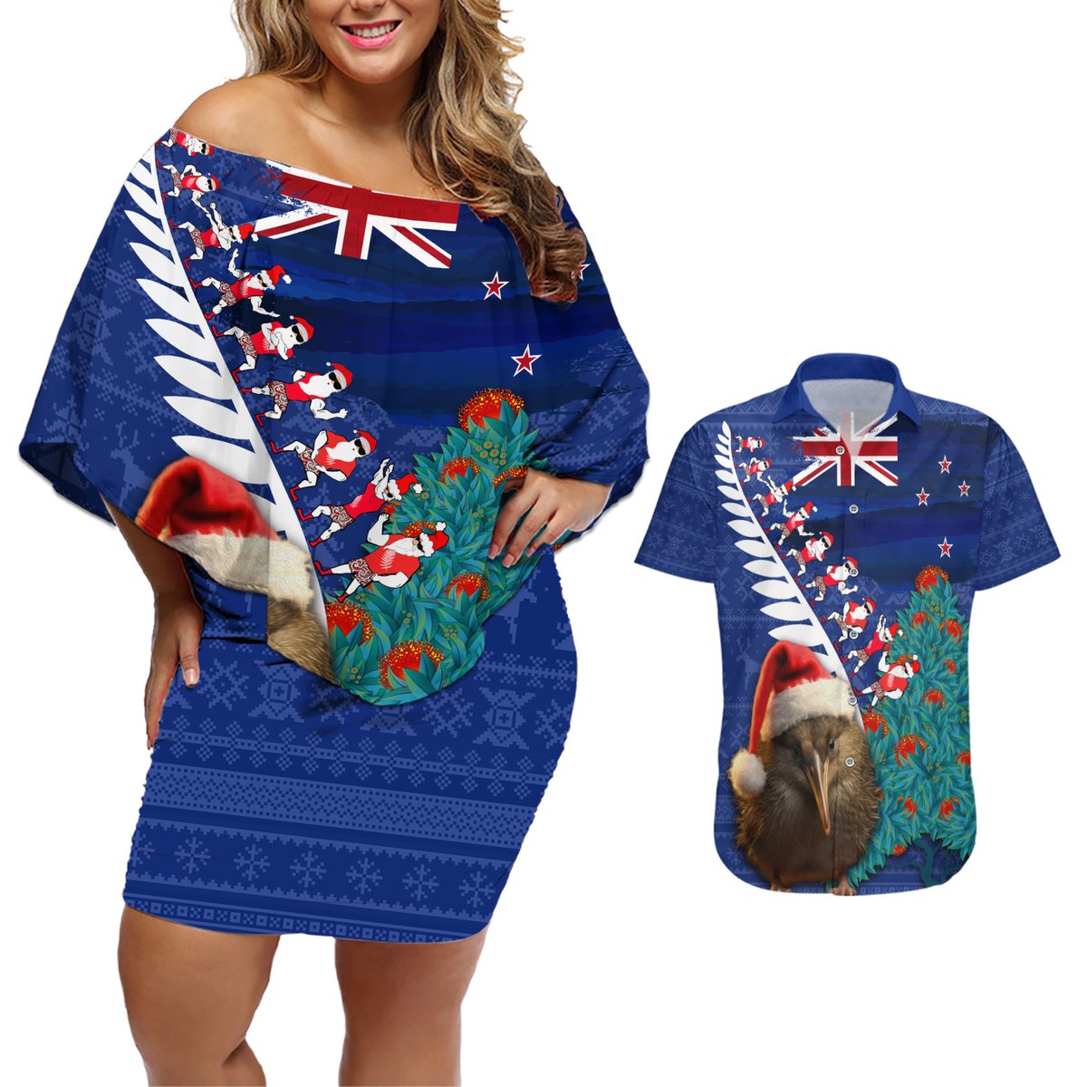 New Zealand Christmas Couples Matching Off Shoulder Short Dress and Hawaiian Shirt Kiwi Bird Santa and Silver Fern Funny Haka Dance LT03 Blue - Polynesian Pride