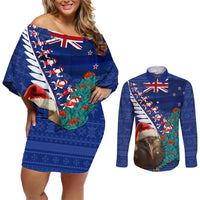 New Zealand Christmas Couples Matching Off Shoulder Short Dress and Long Sleeve Button Shirt Kiwi Bird Santa and Silver Fern Funny Haka Dance LT03 Blue - Polynesian Pride