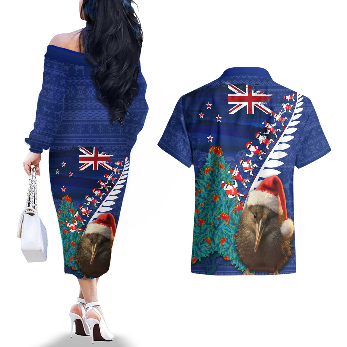 New Zealand Christmas Couples Matching Off The Shoulder Long Sleeve Dress and Hawaiian Shirt Kiwi Bird Santa and Silver Fern Funny Haka Dance LT03 - Polynesian Pride