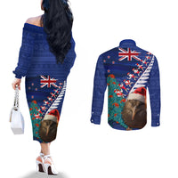 New Zealand Christmas Couples Matching Off The Shoulder Long Sleeve Dress and Long Sleeve Button Shirt Kiwi Bird Santa and Silver Fern Funny Haka Dance LT03 - Polynesian Pride