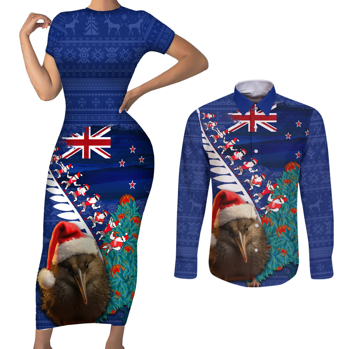 New Zealand Christmas Couples Matching Short Sleeve Bodycon Dress and Long Sleeve Button Shirt Kiwi Bird Santa and Silver Fern Funny Haka Dance LT03 Blue - Polynesian Pride
