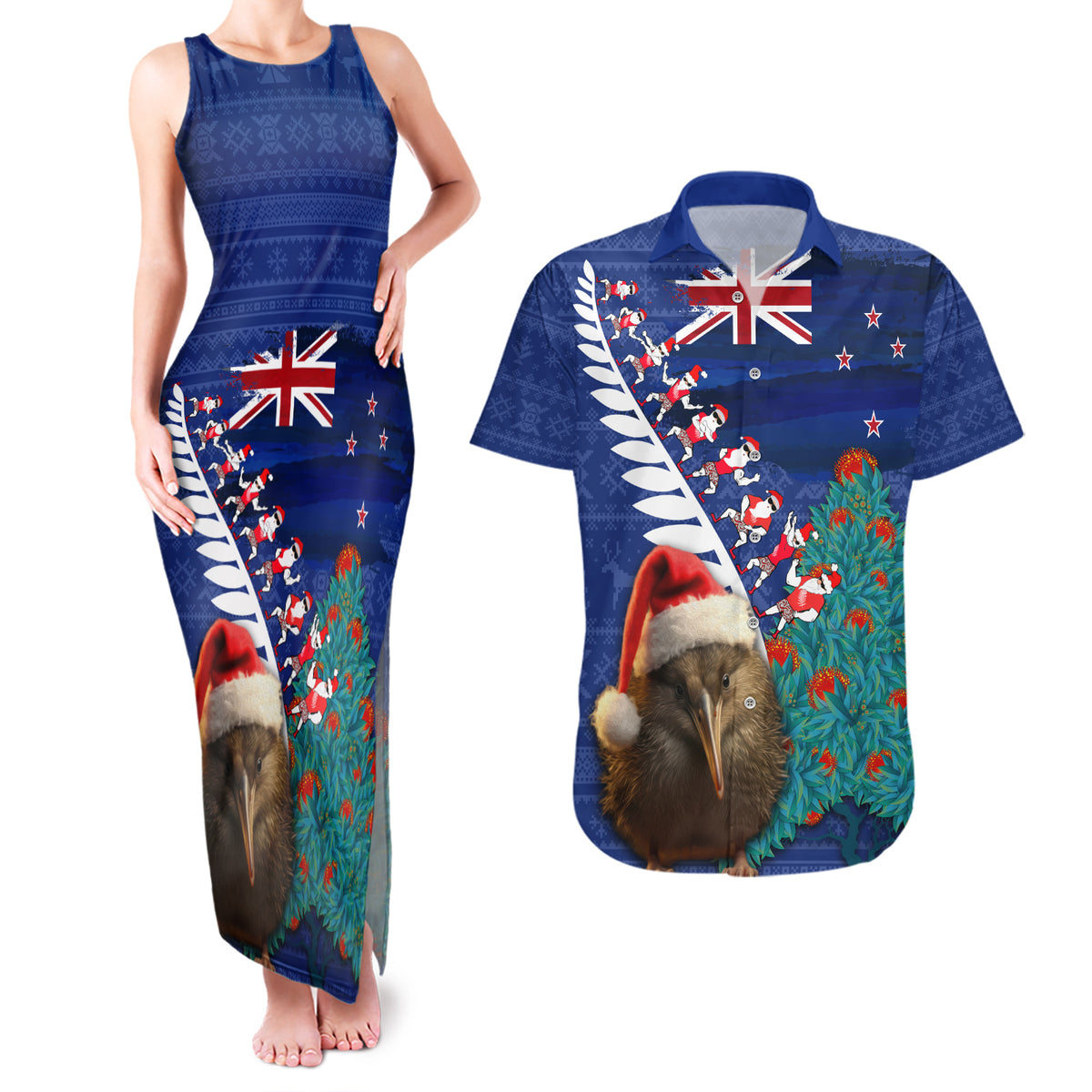 New Zealand Christmas Couples Matching Tank Maxi Dress and Hawaiian Shirt Kiwi Bird Santa and Silver Fern Funny Haka Dance LT03 Blue - Polynesian Pride
