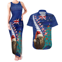New Zealand Christmas Couples Matching Tank Maxi Dress and Hawaiian Shirt Kiwi Bird Santa and Silver Fern Funny Haka Dance LT03 Blue - Polynesian Pride
