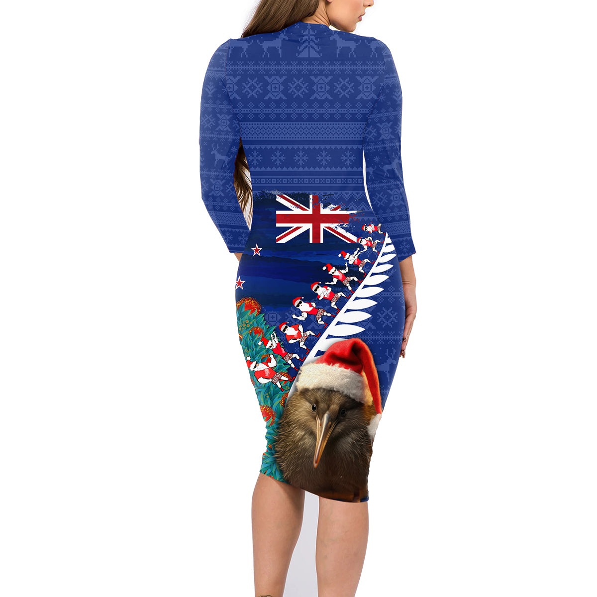New Zealand Christmas Family Matching Long Sleeve Bodycon Dress and Hawaiian Shirt Kiwi Bird Santa and Silver Fern Funny Haka Dance LT03 - Polynesian Pride