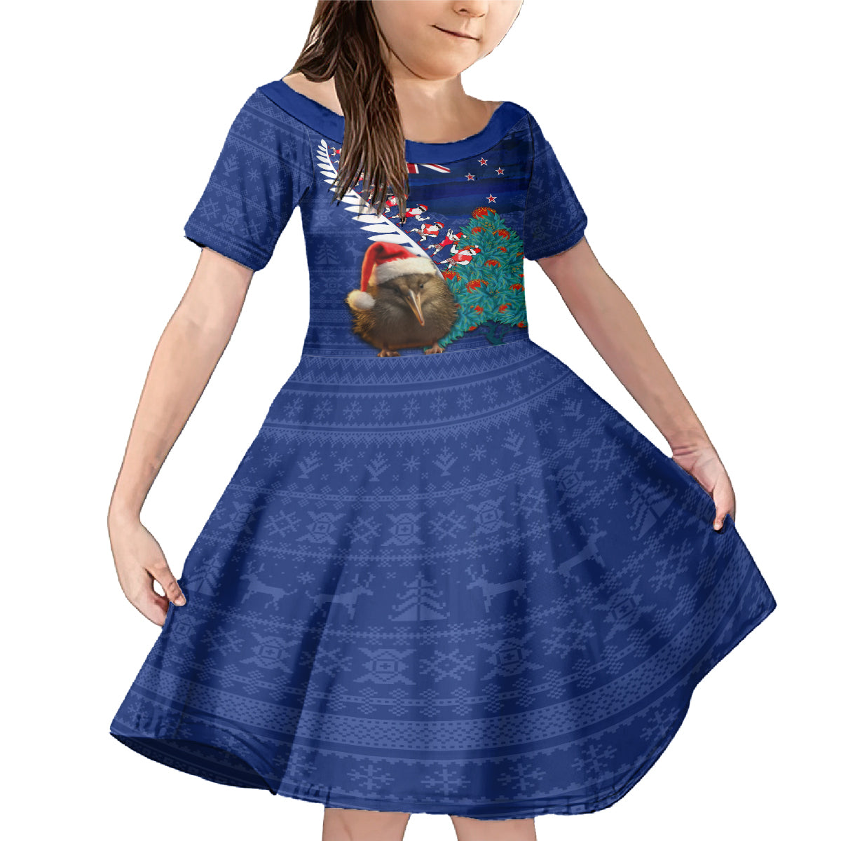 New Zealand Christmas Family Matching Mermaid Dress and Hawaiian Shirt Kiwi Bird Santa and Silver Fern Funny Haka Dance LT03 Daughter's Dress Blue - Polynesian Pride