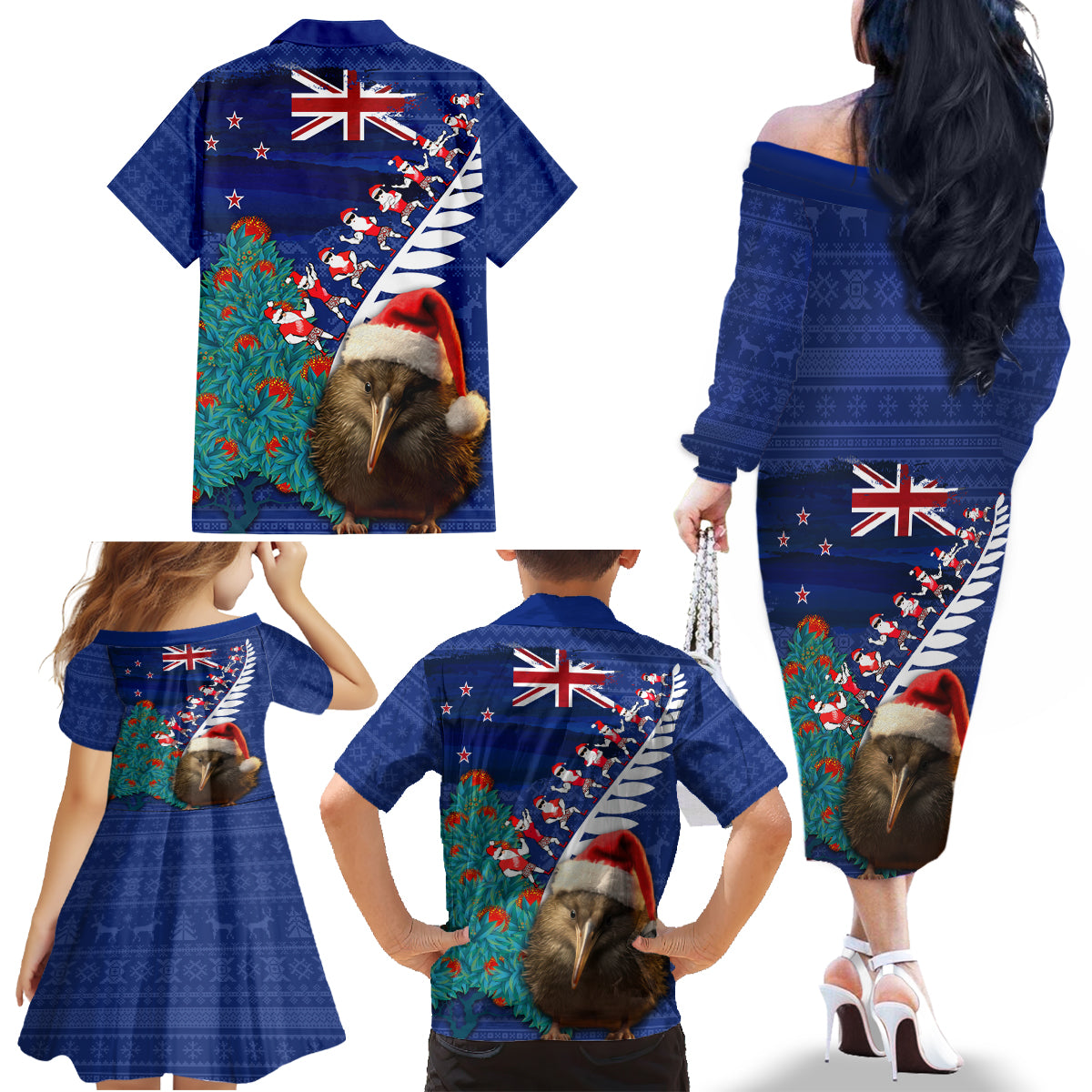 New Zealand Christmas Family Matching Off The Shoulder Long Sleeve Dress and Hawaiian Shirt Kiwi Bird Santa and Silver Fern Funny Haka Dance LT03 - Polynesian Pride