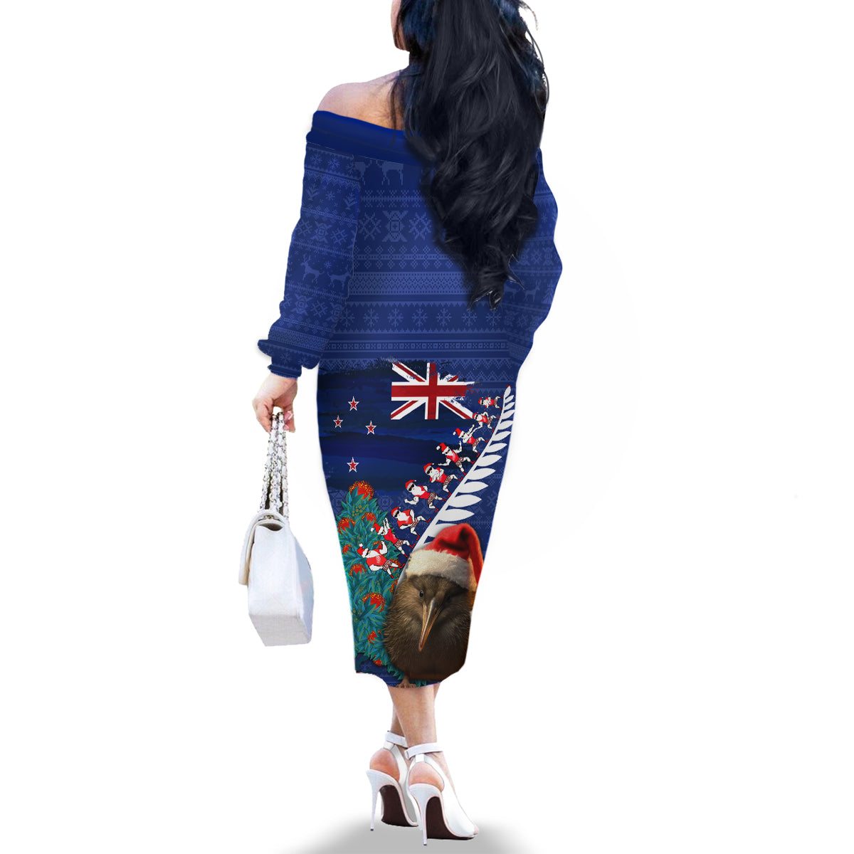 New Zealand Christmas Family Matching Off The Shoulder Long Sleeve Dress and Hawaiian Shirt Kiwi Bird Santa and Silver Fern Funny Haka Dance LT03 - Polynesian Pride