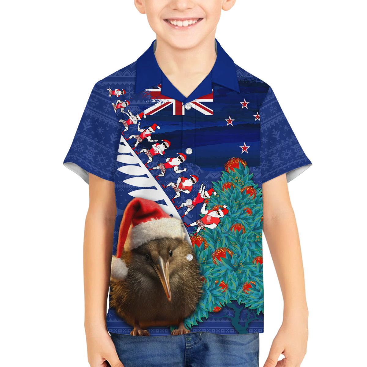 New Zealand Christmas Family Matching Off The Shoulder Long Sleeve Dress and Hawaiian Shirt Kiwi Bird Santa and Silver Fern Funny Haka Dance LT03 Son's Shirt Blue - Polynesian Pride