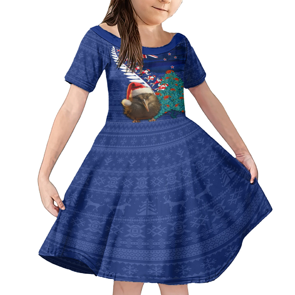 New Zealand Christmas Family Matching Off Shoulder Short Dress and Hawaiian Shirt Kiwi Bird Santa and Silver Fern Funny Haka Dance LT03 Daughter's Dress Blue - Polynesian Pride