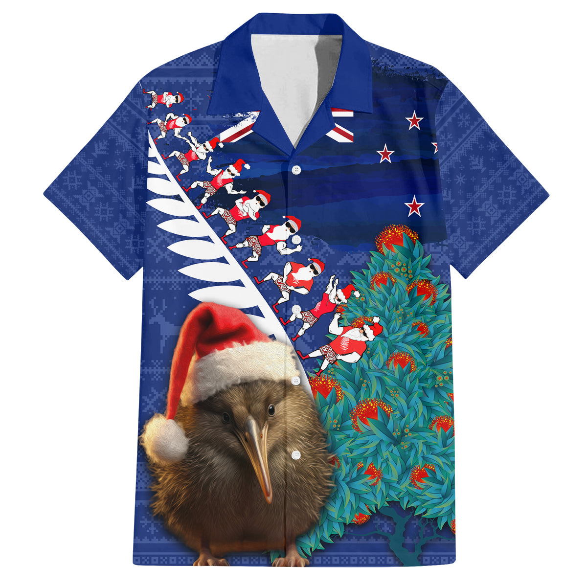 New Zealand Christmas Family Matching Off Shoulder Short Dress and Hawaiian Shirt Kiwi Bird Santa and Silver Fern Funny Haka Dance LT03 Dad's Shirt - Short Sleeve Blue - Polynesian Pride
