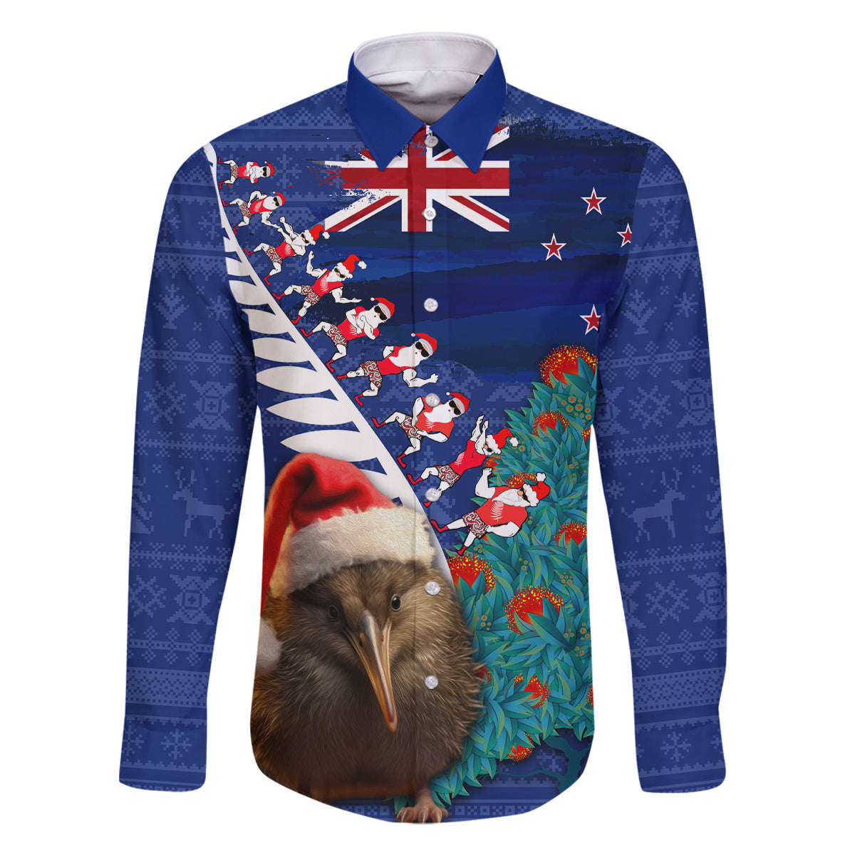 New Zealand Christmas Family Matching Off Shoulder Short Dress and Hawaiian Shirt Kiwi Bird Santa and Silver Fern Funny Haka Dance LT03 Dad's Shirt - Long Sleeve Blue - Polynesian Pride