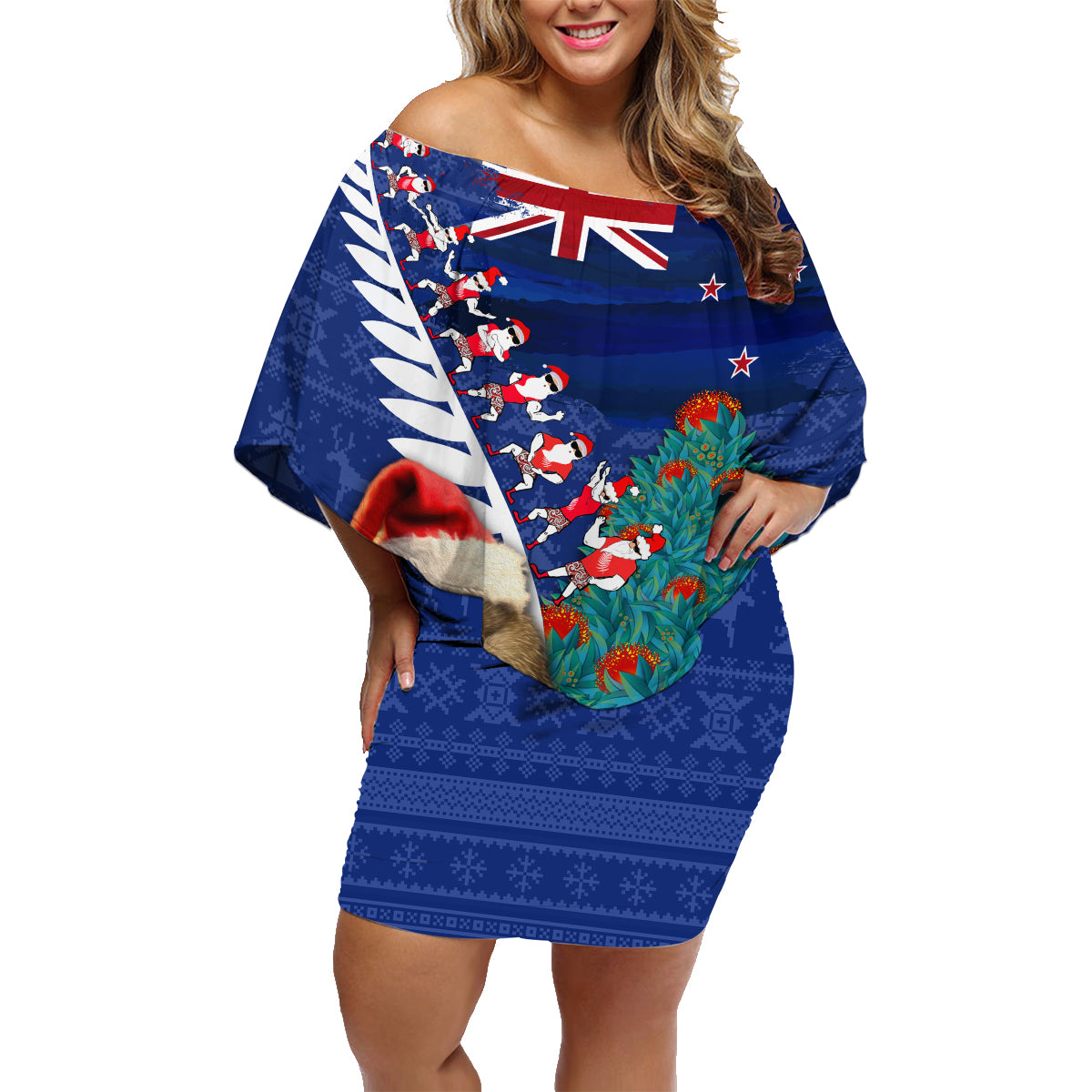 New Zealand Christmas Family Matching Off Shoulder Short Dress and Hawaiian Shirt Kiwi Bird Santa and Silver Fern Funny Haka Dance LT03 Mom's Dress Blue - Polynesian Pride