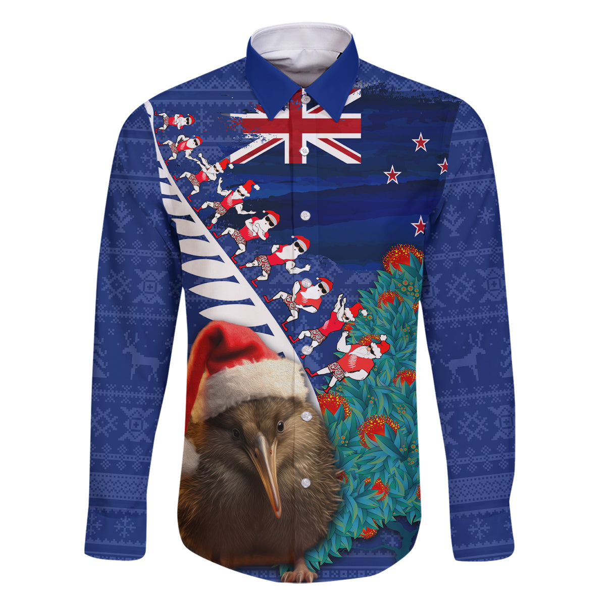 New Zealand Christmas Family Matching Puletasi and Hawaiian Shirt Kiwi Bird Santa and Silver Fern Funny Haka Dance LT03 Dad's Shirt - Long Sleeve Blue - Polynesian Pride