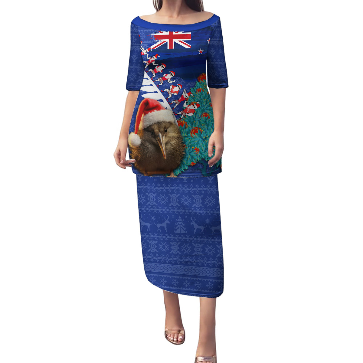 New Zealand Christmas Family Matching Puletasi and Hawaiian Shirt Kiwi Bird Santa and Silver Fern Funny Haka Dance LT03 Mom's Dress Blue - Polynesian Pride