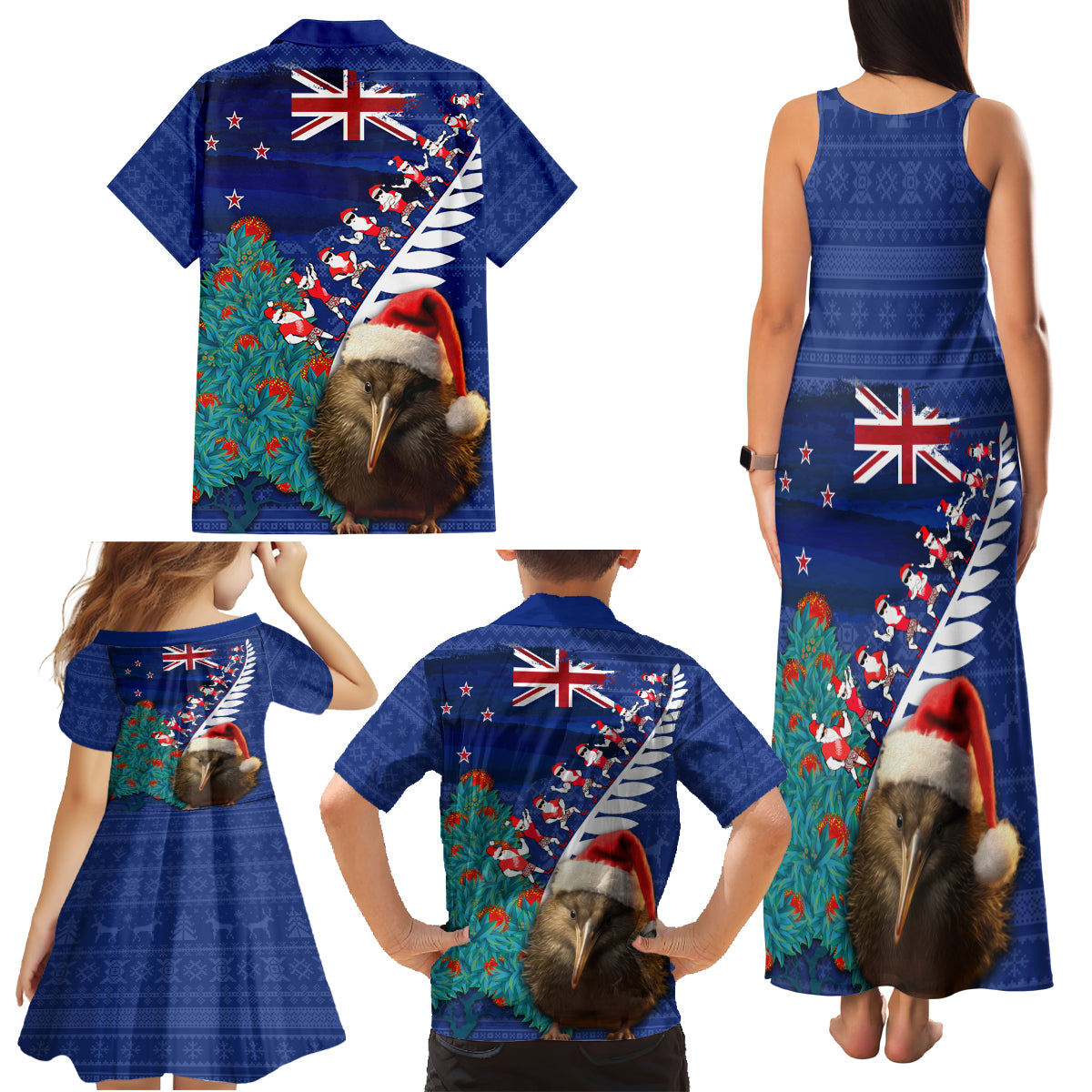 New Zealand Christmas Family Matching Tank Maxi Dress and Hawaiian Shirt Kiwi Bird Santa and Silver Fern Funny Haka Dance LT03 - Polynesian Pride