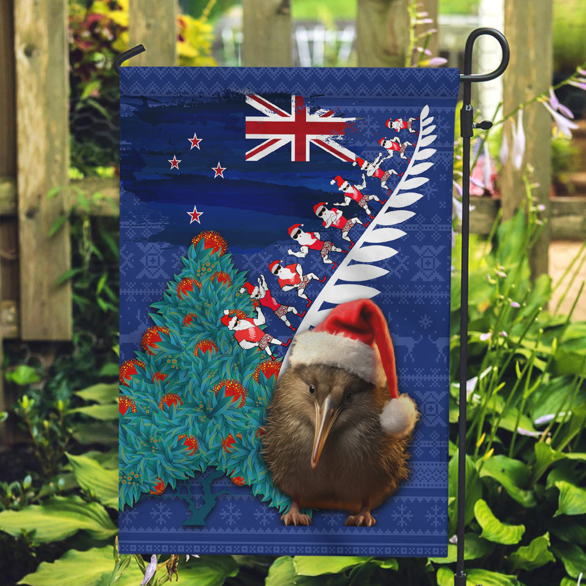 New Zealand Christmas Garden Flag Kiwi Bird Santa and Silver Fern Funny Haka Dance LT03 Garden Flag Blue - Polynesian Pride
