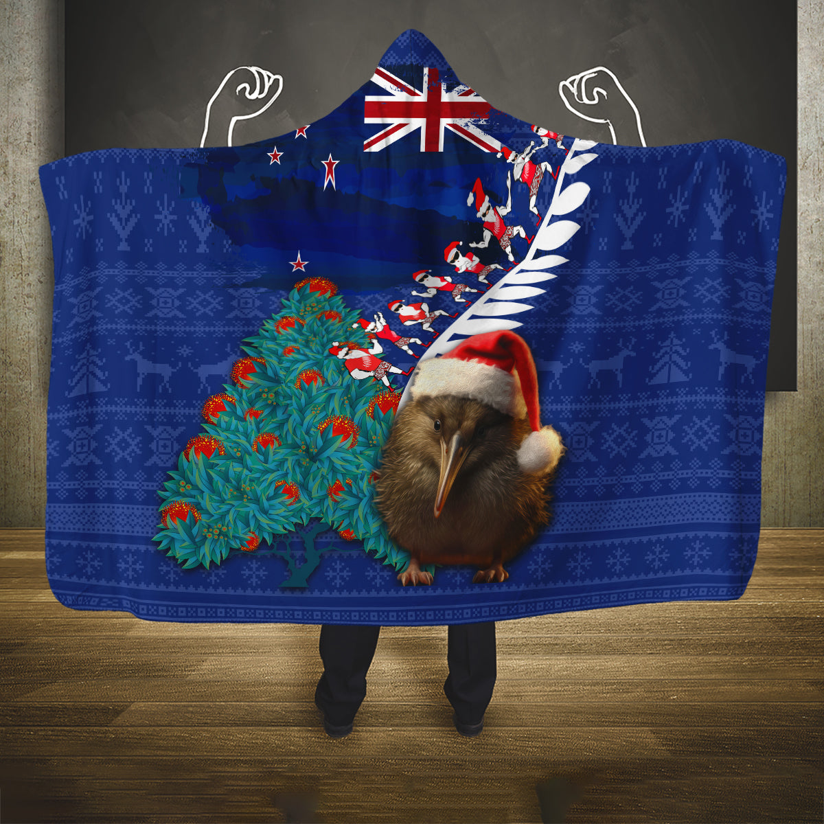 New Zealand Christmas Hooded Blanket Kiwi Bird Santa and Silver Fern Funny Haka Dance LT03 One Size Blue - Polynesian Pride