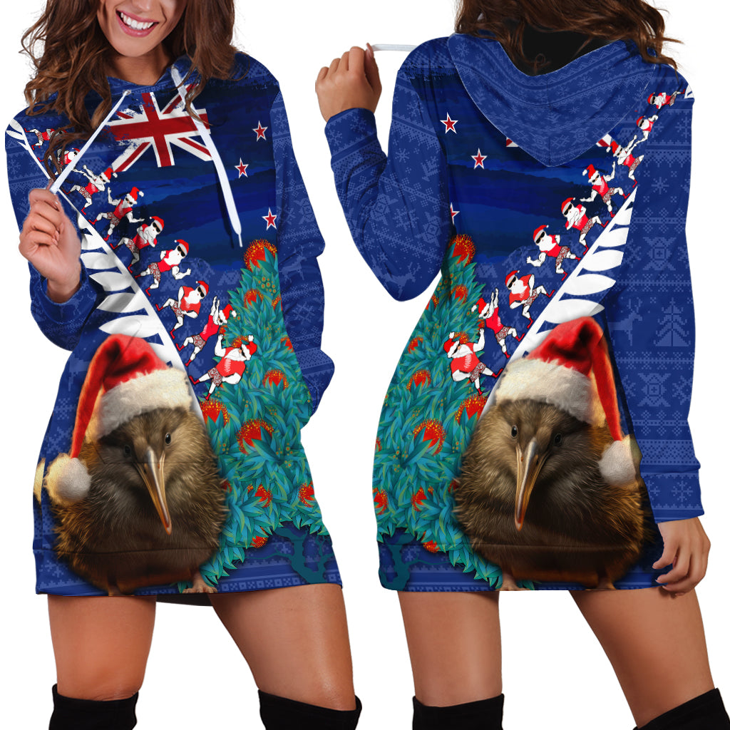 New Zealand Christmas Hoodie Dress Kiwi Bird Santa and Silver Fern Funny Haka Dance LT03 - Polynesian Pride
