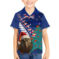 New Zealand Christmas Kid Hawaiian Shirt Kiwi Bird Santa and Silver Fern Funny Haka Dance LT03 Kid Blue - Polynesian Pride