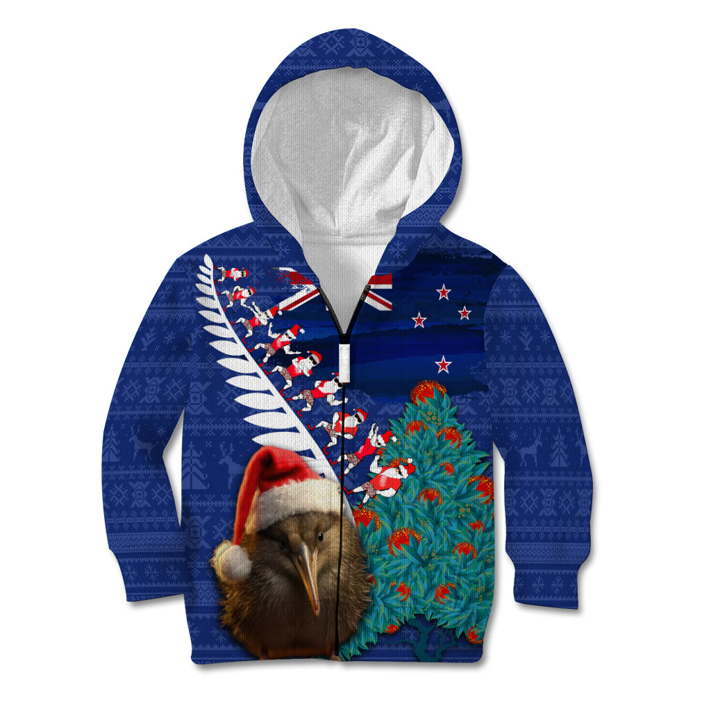 New Zealand Christmas Kid Hoodie Kiwi Bird Santa and Silver Fern Funny Haka Dance LT03 Zip Hoodie Blue - Polynesian Pride