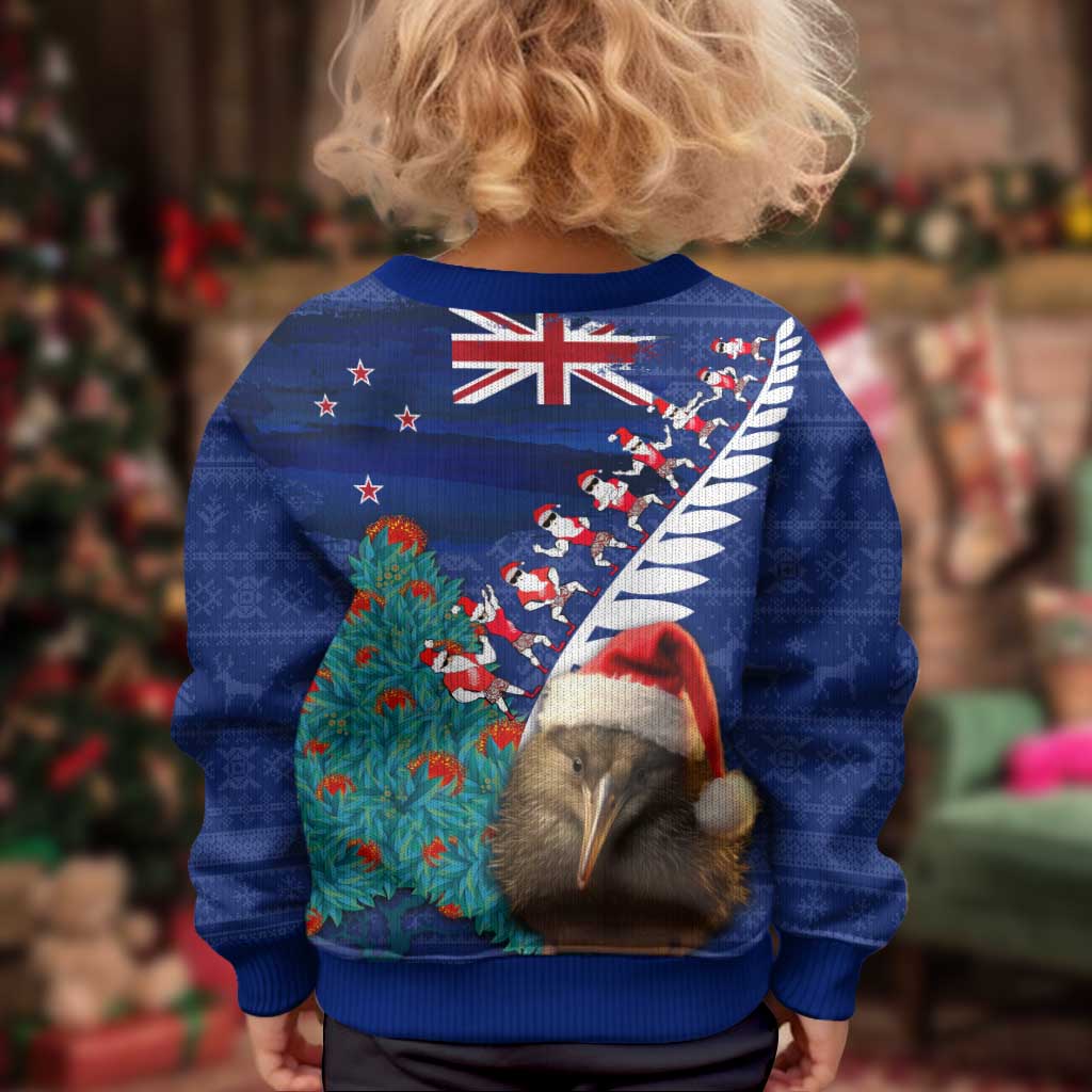 New Zealand Christmas Kid Ugly Christmas Sweater Kiwi Bird Santa and Silver Fern Funny Haka Dance LT03 - Polynesian Pride