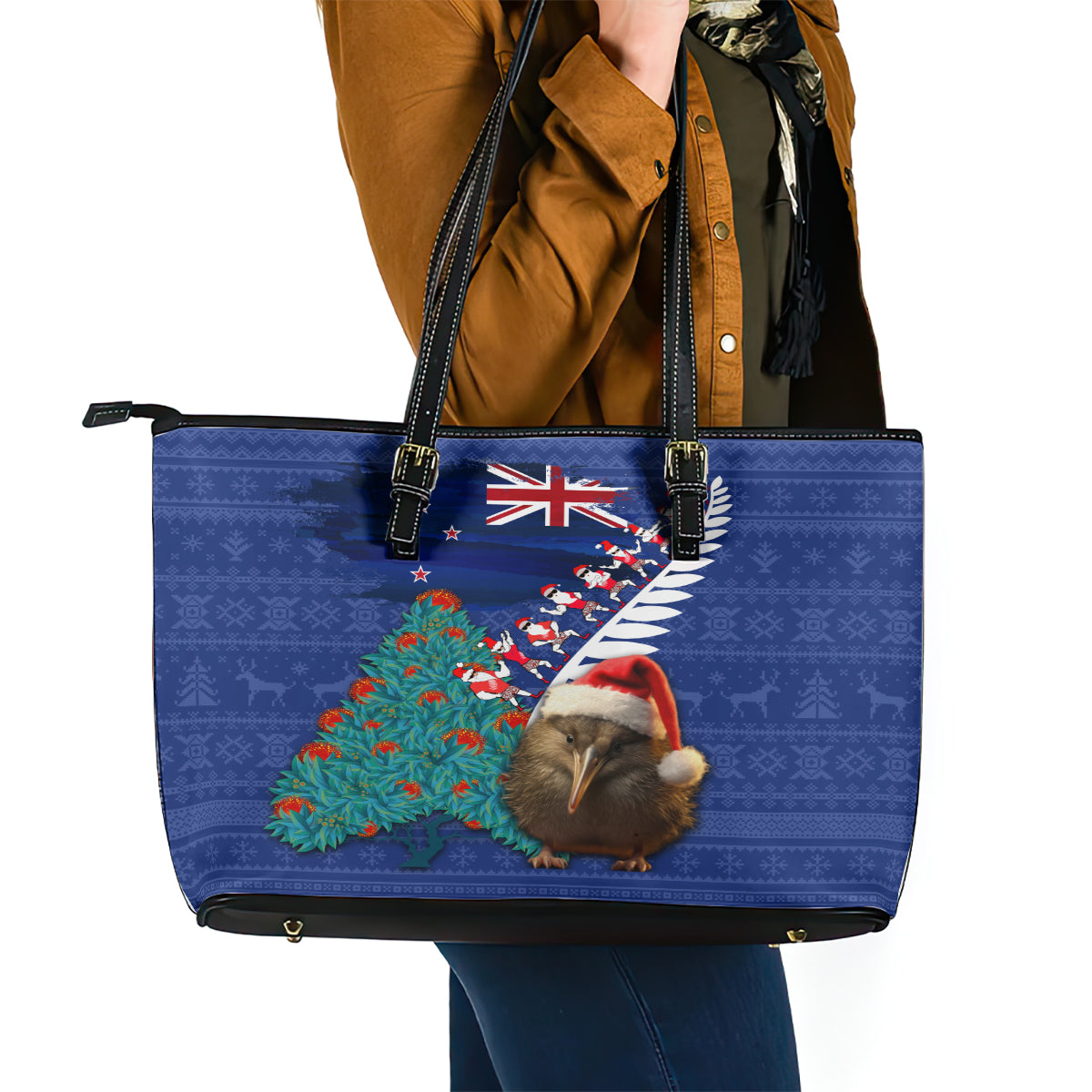 New Zealand Christmas Leather Tote Bag Kiwi Bird Santa and Silver Fern Funny Haka Dance LT03 - Polynesian Pride