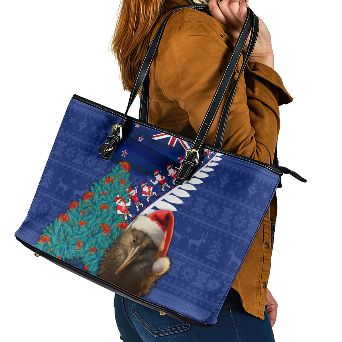 New Zealand Christmas Leather Tote Bag Kiwi Bird Santa and Silver Fern Funny Haka Dance LT03 - Polynesian Pride