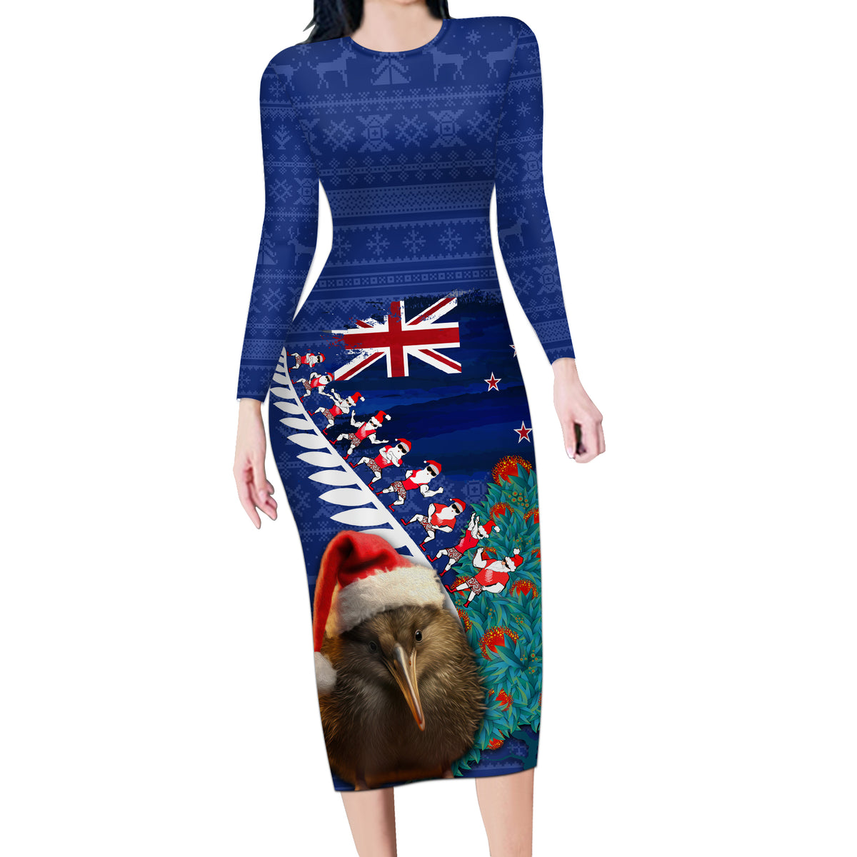 New Zealand Christmas Long Sleeve Bodycon Dress Kiwi Bird Santa and Silver Fern Funny Haka Dance LT03 Long Dress Blue - Polynesian Pride