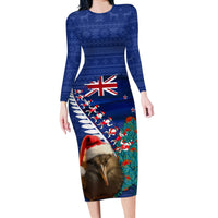 New Zealand Christmas Long Sleeve Bodycon Dress Kiwi Bird Santa and Silver Fern Funny Haka Dance LT03 Long Dress Blue - Polynesian Pride