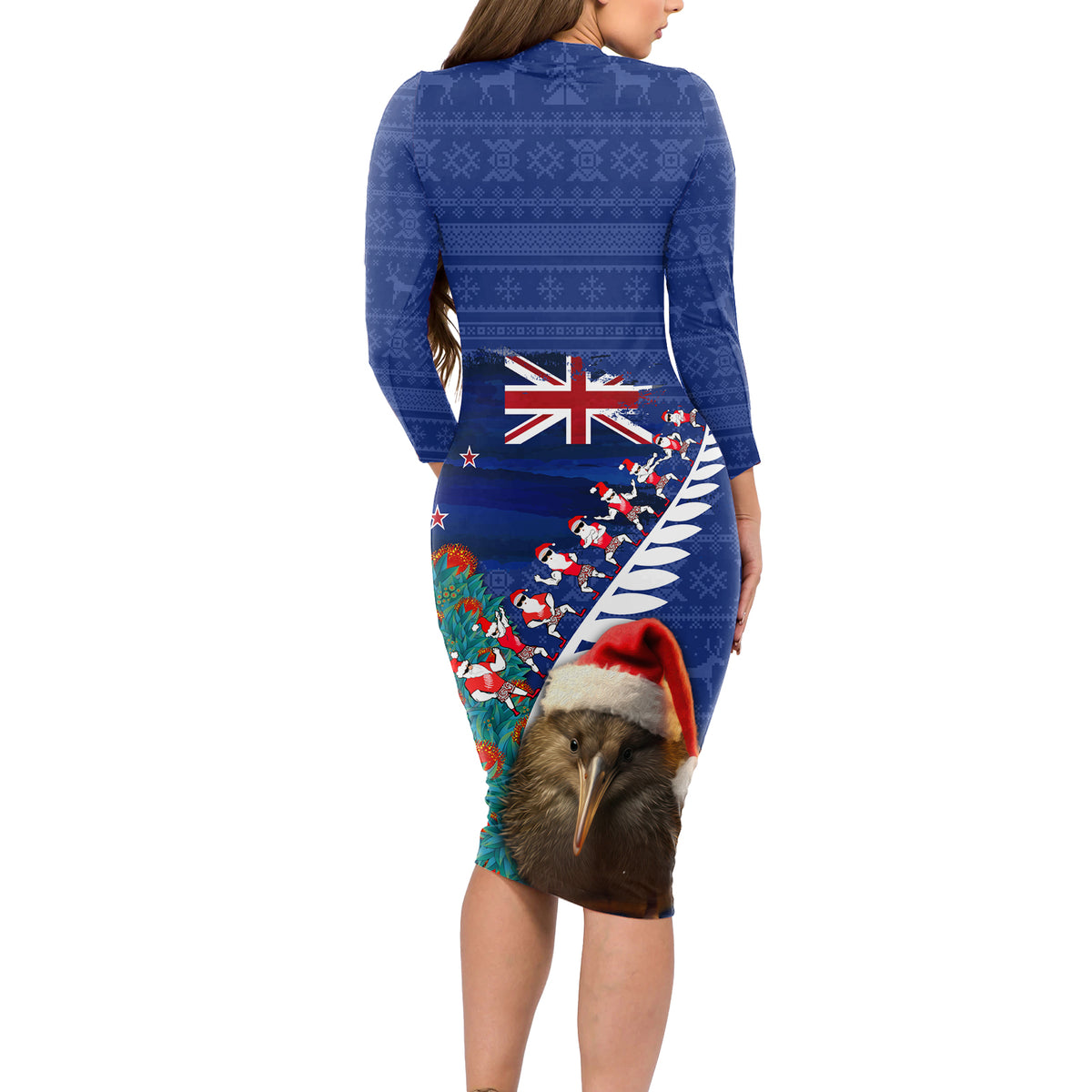 New Zealand Christmas Long Sleeve Bodycon Dress Kiwi Bird Santa and Silver Fern Funny Haka Dance LT03 - Polynesian Pride