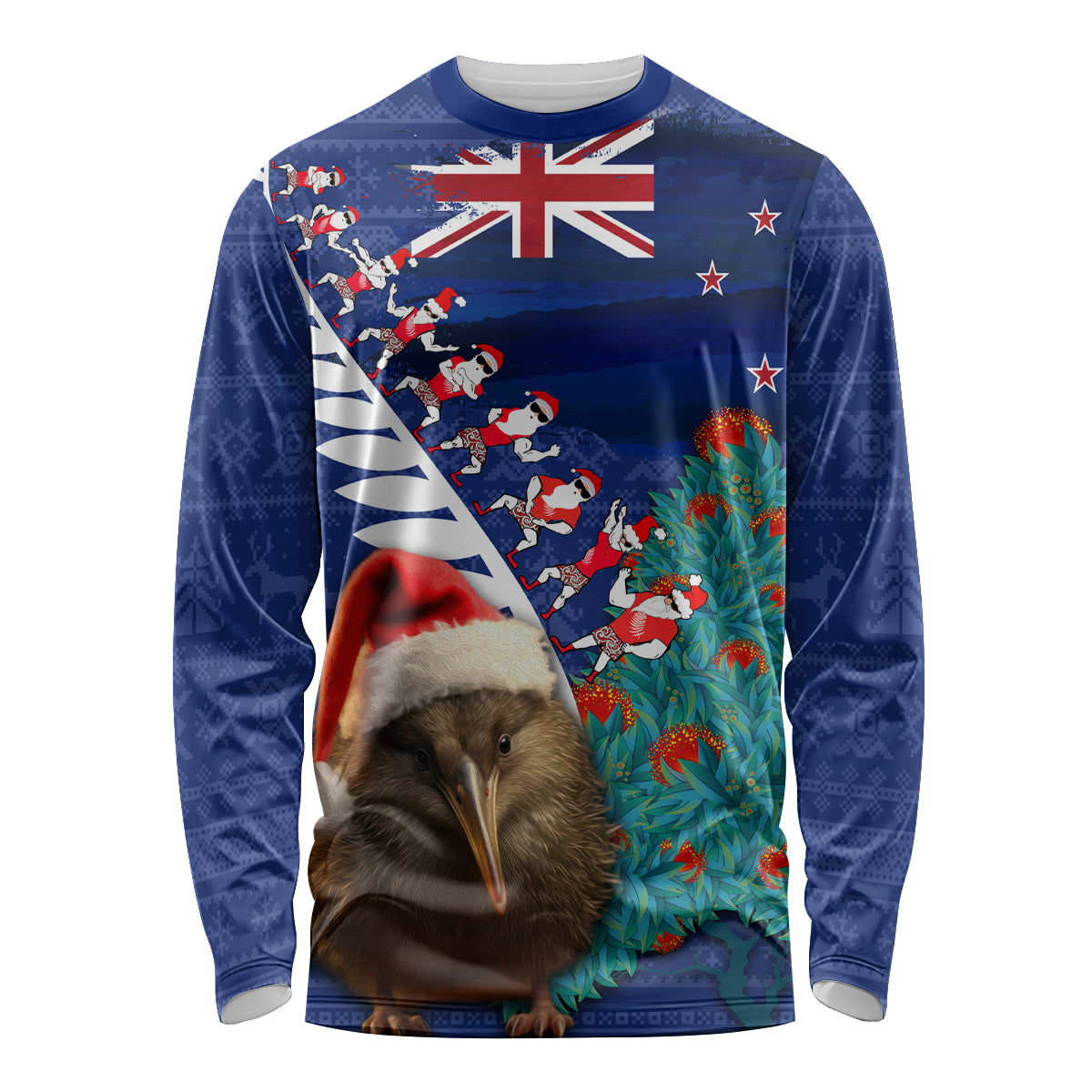 New Zealand Christmas Long Sleeve Shirt Kiwi Bird Santa and Silver Fern Funny Haka Dance LT03 Unisex Blue - Polynesian Pride