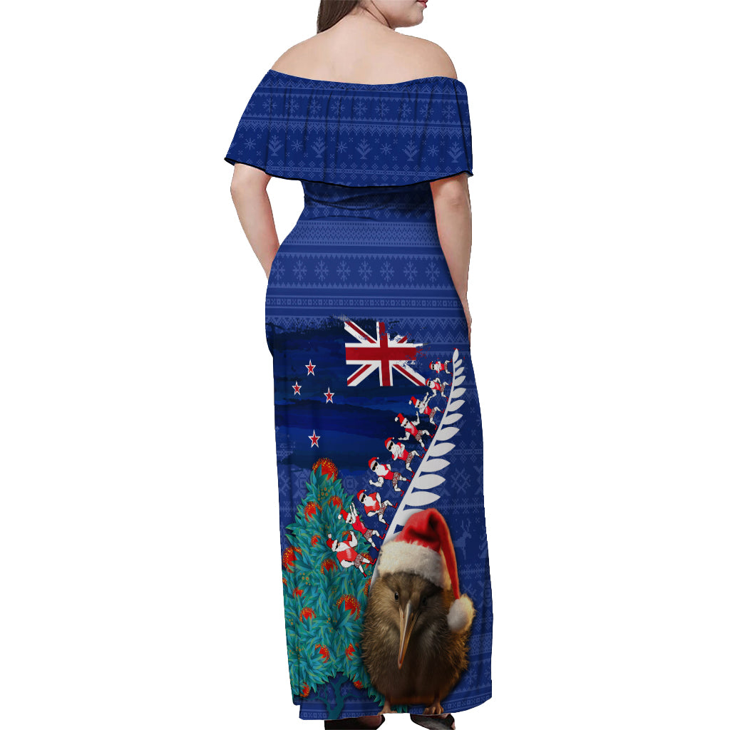 New Zealand Christmas Off Shoulder Maxi Dress Kiwi Bird Santa and Silver Fern Funny Haka Dance LT03 - Polynesian Pride
